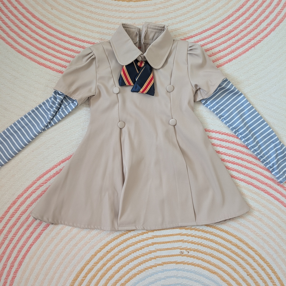 Beige Double-Breasted Dress with Striped Sleeves